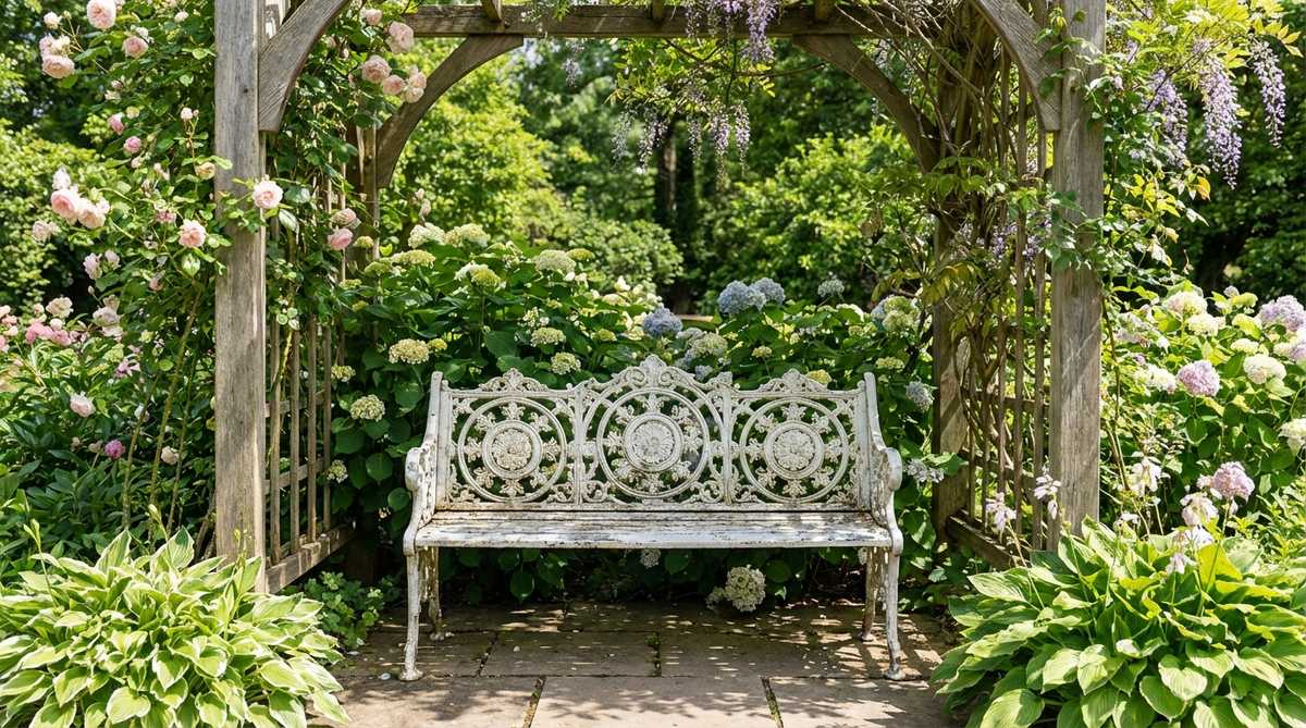 A Victorian-inspired garden bench with elaborate scrollwork and medallion accents, featuring a distressed white or verdigris finish. The bench is positioned under an arbor or beside flowering shrubs, creating a romantic retreat with stunning silhouettes against garden greenery.