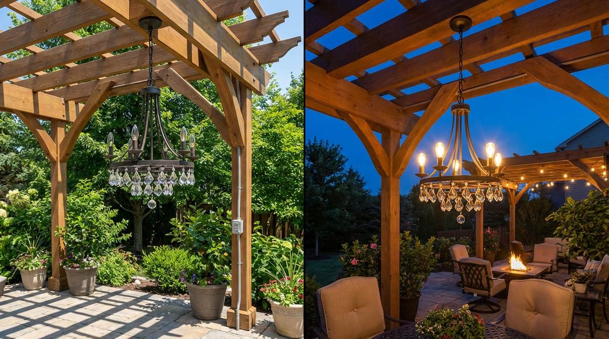 A weatherproof chandelier mounted at the center of a pergola, positioned 7-8 feet above ground level with proper electrical wiring and GFCI protection, demonstrating both daytime light refraction and glamorous evening illumination for sophisticated outdoor spaces.