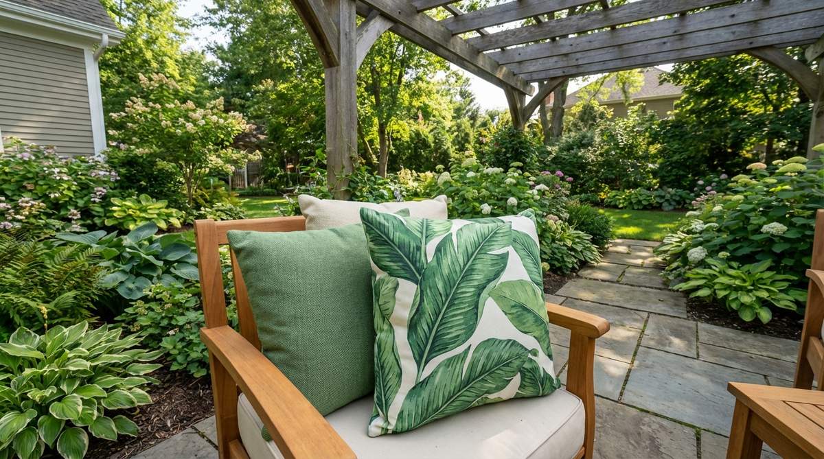 A weather-resistant outdoor pillow featuring a large-scale botanical leaf print, perfect for adding organic shapes and green tones to patio furniture. The oversized print with leaves spanning at least 8 inches creates proper scale on standard 18-20 inch pillows, ideal for layering with solid green or cream pillows on wood-toned furniture.