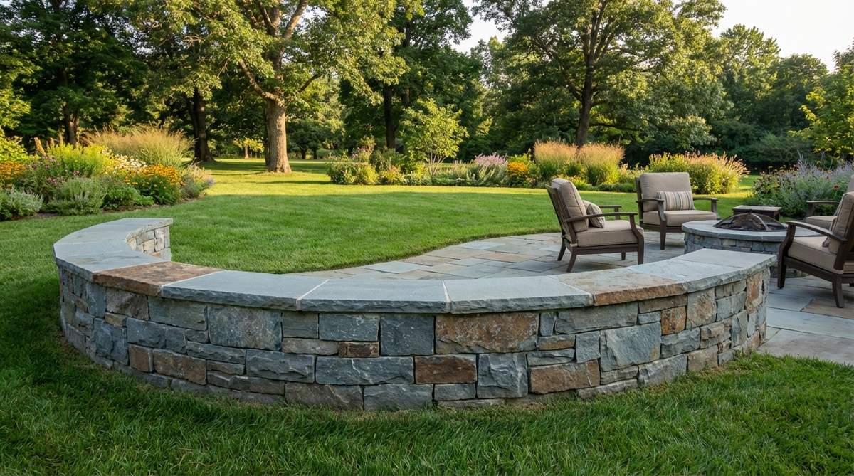 A low accent wall made of Pennsylvania bluestone with a distinctive blue-gray hue and natural cleft surface, ideal for framing patios or separating lawn zones while maintaining clean horizontal lines and texture.