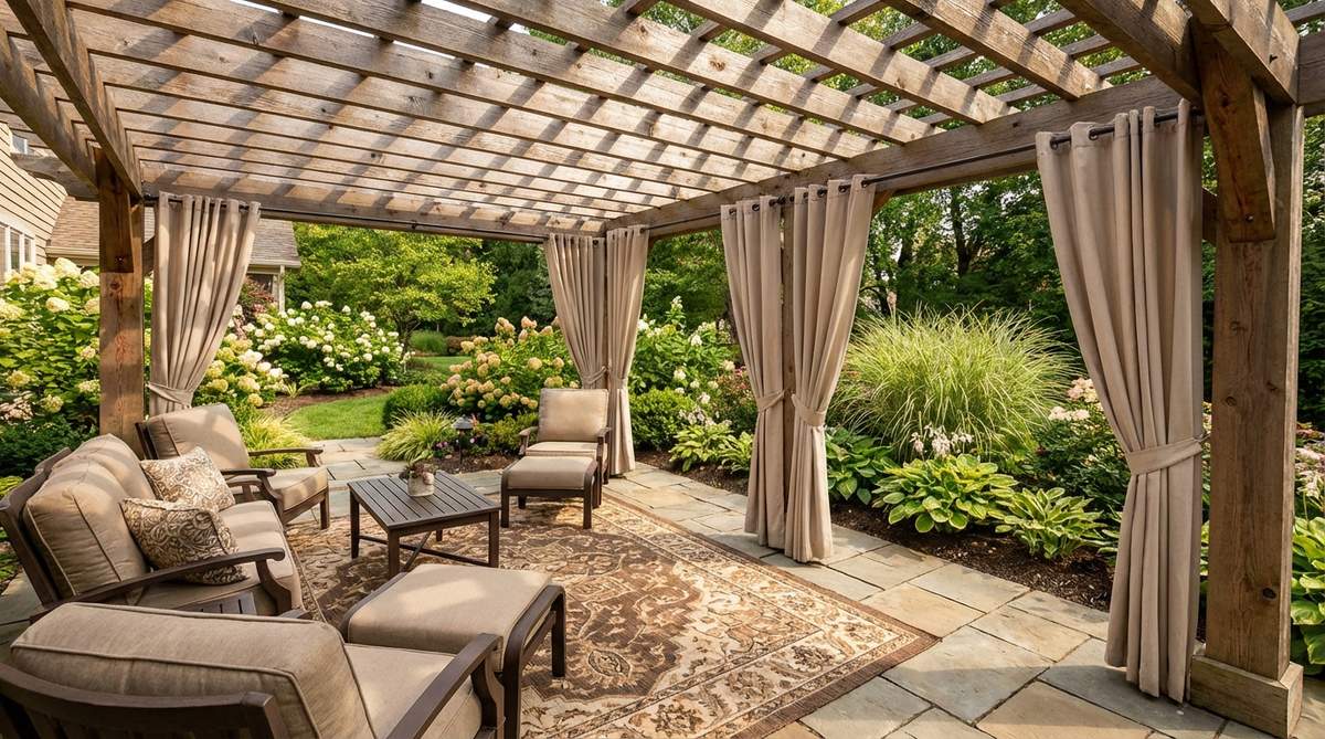 A pergola-covered lounge area in a cozy garden, featuring overhead beams casting dappled shade, with views extending toward attractive plantings. Curtain rods mounted to the structure provide privacy control, and an outdoor-rated rug grounds the seating area beneath the pergola.