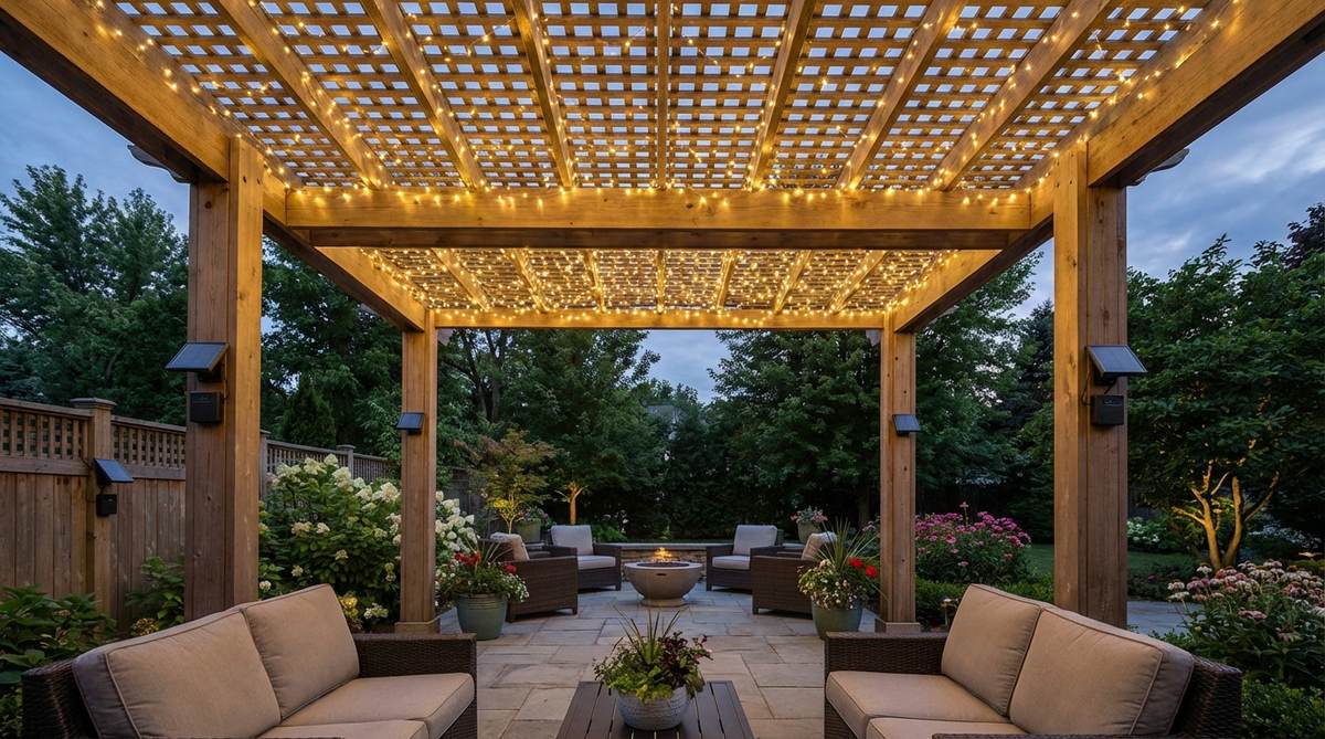 Micro-LED strands woven through a pergola lattice create a glowing ceiling effect, mimicking constellation patterns and providing indirect illumination with solar-charged battery packs for easy installation.