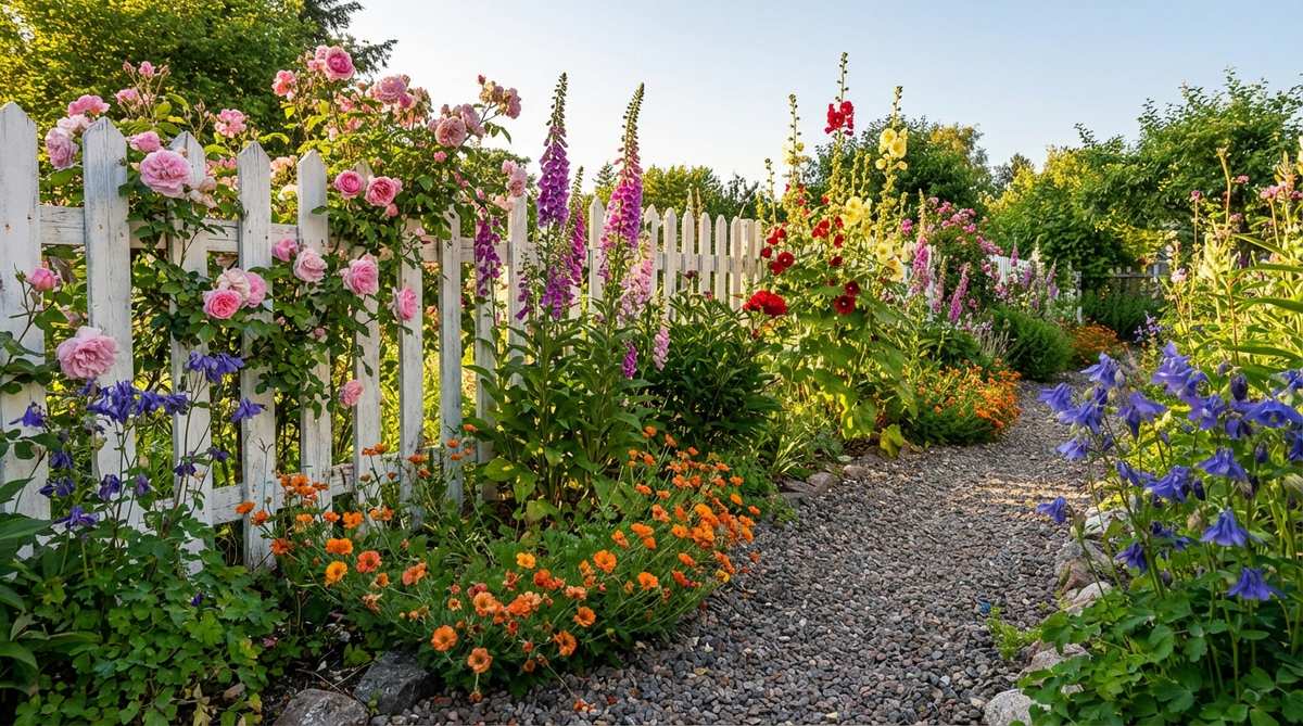 A charming cottage garden scene featuring a white picket fence with roses, foxgloves, and hollyhocks planted along the perimeter, creating vertical interest and softening the fence structure. Lower-growing perennials like geums and aquilegias spill onto the pathway at the base, adding a tiered, abundant look typical of established cottage gardens.