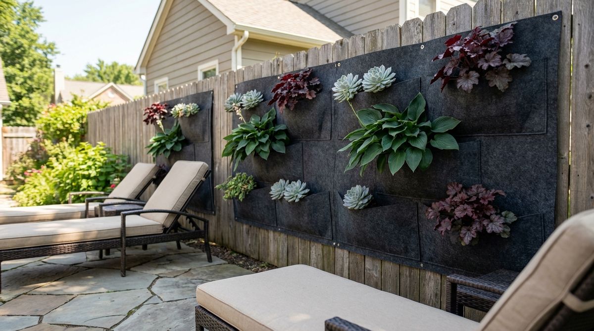 A vertical garden featuring felt or fabric panels with sewn pockets, showcasing a mix of plants like dark green hostas, silver-leafed succulents, and burgundy heucheras. The design includes an air gap behind the fabric to prevent mildew, ideal for compact garden decor on walls or fences.
