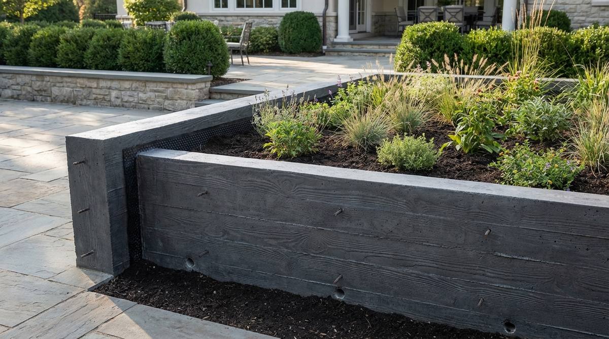 A contemporary poured concrete monolithic garden bed with board-formed texture showing wood grain patterns, reinforced with rebar and featuring integrated weep holes at the base. The charcoal-toned concrete bed is installed in a formal courtyard setting, demonstrating permanent garden bed construction with waterproofing membrane and soil backfill.