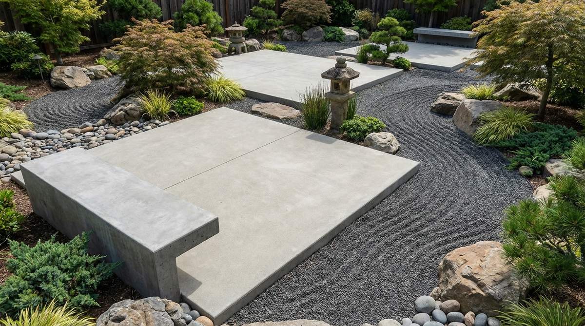 A modern Japanese garden design featuring poured concrete pads with raked gravel surrounds. Large-format concrete platforms anchor seating areas while dark pea gravel creates meditative dry-stream illusions around them. The hard geometry of poured concrete provides functional gathering spaces, with asymmetrical shapes and weekly raked patterns symbolizing water movement.