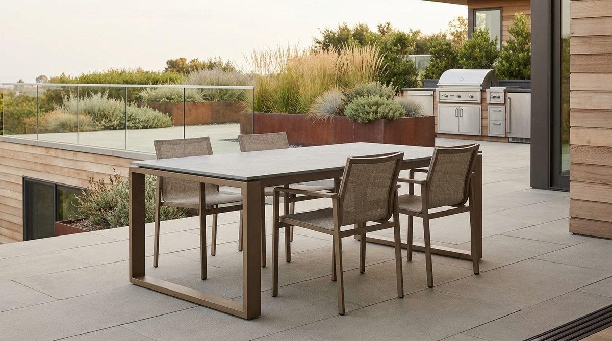 A contemporary garden table with a powder-coated aluminum frame in matte black or bronze finish, featuring clean geometric lines and paired with a glass, stone composite, or ceramic top. Ideal for minimalist gardens and modern landscapes with architectural elements like glass railings or steel planters.