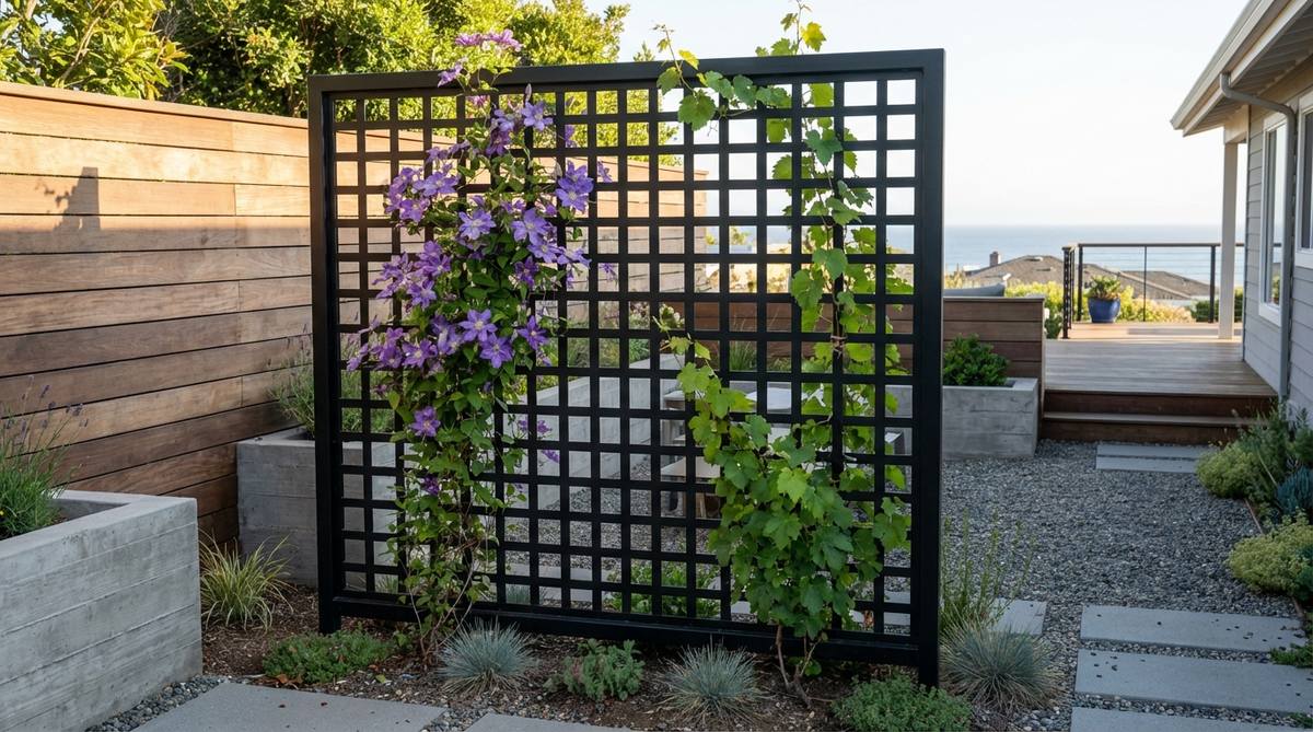 A lightweight aluminum panel with precise square openings, featuring a black or bronze powder-coated finish, ideal for supporting clematis, sweet peas, or ornamental grapevines in urban gardens and modern architectural settings. The rigid grid design ensures excellent support and corrosion resistance, perfect for coastal environments and easy installation with bracket systems.
