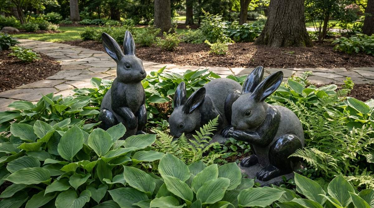 A stone garden sculpture featuring three to five rabbits in various poses - sitting upright, grazing, and grooming - carved from charcoal granite with polished sections that mimic the sheen of healthy fur. This compact sculpture group is designed to be partially concealed among hostas or ferns, creating narrative moments that invite closer inspection during garden walks.