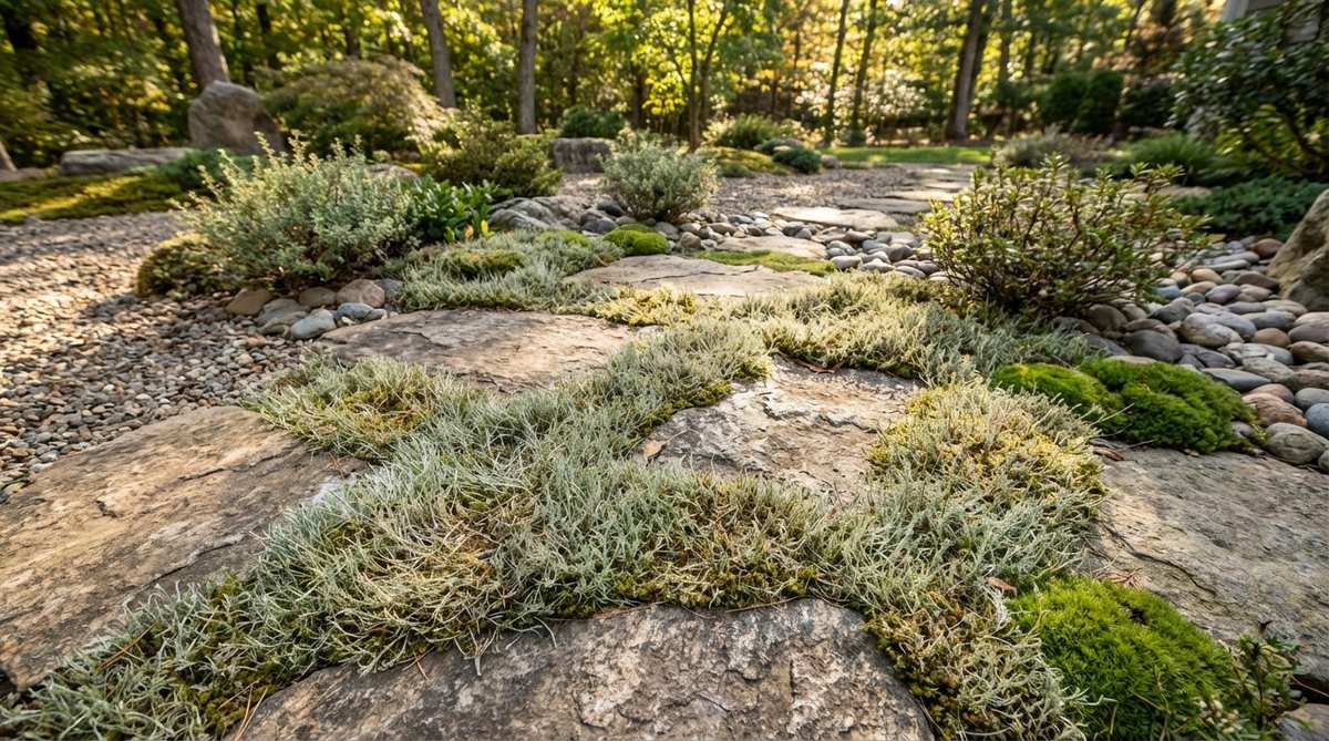 Close-up photo of Racomitrium canescens (Suna-goke) moss with silver-green coloration and wiry texture, growing between stepping stones in a Japanese rock garden. This hardy pioneer species demonstrates exceptional drought tolerance as it colonizes exposed areas and gravel paths, creating visual contrast against softer moss varieties.