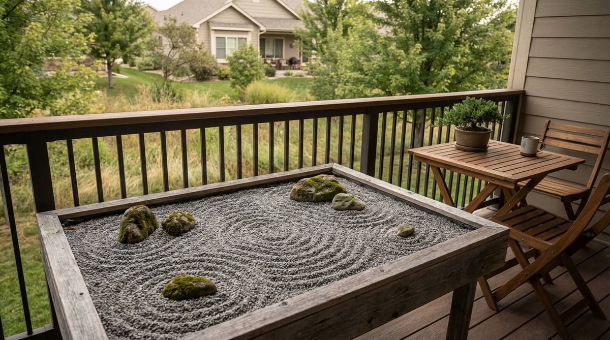 A miniature karesansui garden featuring a shallow wooden frame filled with fine white or grey gravel, raked into flowing patterns that represent water ripples or concentric circles around stone placements. This meditative platform uses a 2-3 inch depth of crushed granite or decomposed granite for authentic texture, ideal for a weekly raking routine to refresh the visual patterns in a Japanese balcony garden setting.