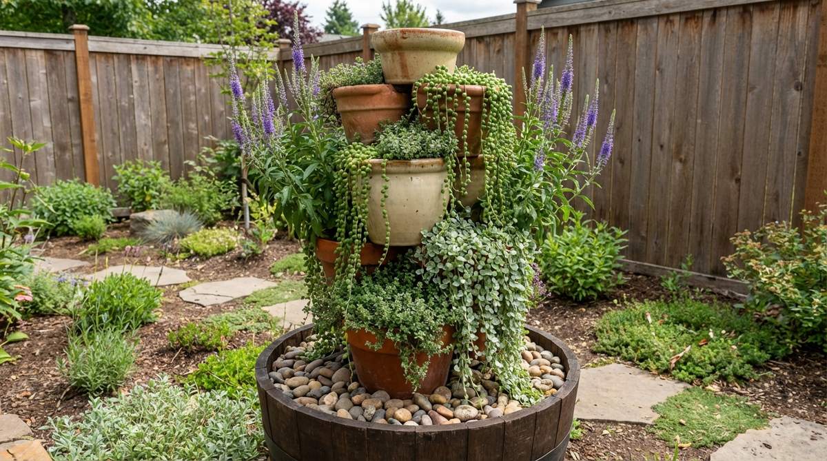 A vertical ceramic tower garden featuring cascading string of pearls and creeping thyme plants resembling Rapunzel's hair, with purple-flowering Veronica adding height variation. The tower is anchored with small stones at the base and placed in a container at least 8 inches deep, creating dramatic vertical interest suitable for corner placements in mini gardens.