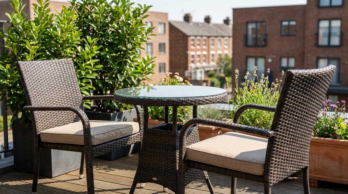A modern rattan wicker bistro dining set with glass tabletop and neutral cushions, perfect for urban balconies. Features all-weather synthetic rattan that resists fading and cracking, with lightweight design for easy rearrangement.
