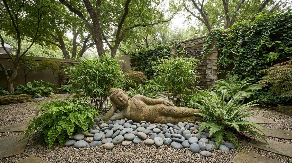 A natural stone reclining Buddha statue in a zen garden setting, surrounded by river stones, miniature bamboo, and shade-loving ferns. The statue symbolizes peaceful acceptance and the transition to enlightenment, creating a meditation vignette that contrasts with vertical garden elements.