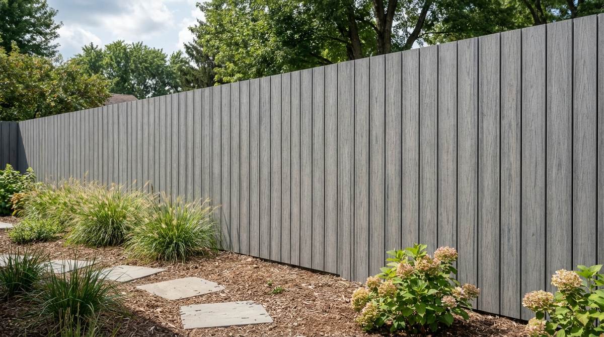 A modern garden fence made from recycled composite tongue-and-groove panels, showing seamless interlocking construction in a weathered gray finish. The panels are installed vertically to create a solid privacy barrier that blocks sightlines completely while mimicking the appearance of natural timber.
