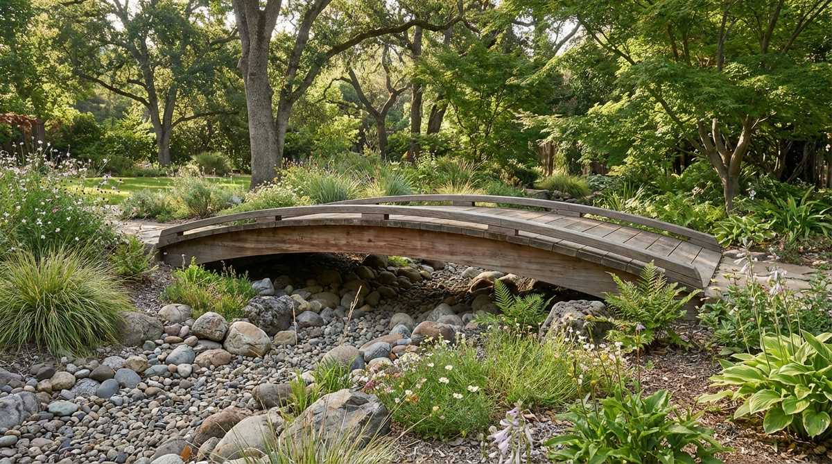 A subtle arch redwood bridge with a gentle 6-8 inch curve, ideal for shallow stream crossings or decorative placement over dry rock beds in cottage or naturalized gardens.