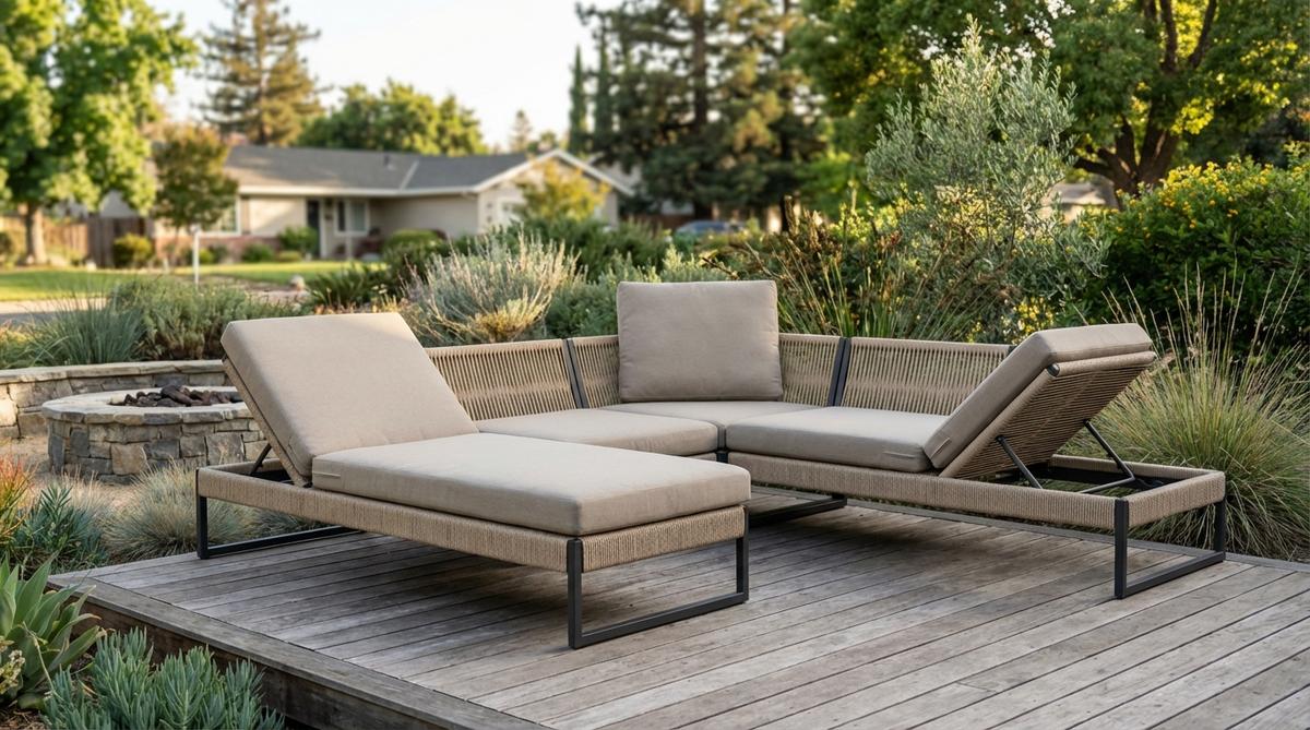 Modern garden furniture featuring a rope-weave modular lounge with adjustable backrests. Artisan rope wrapping over steel frames creates textural depth and airflow through seating surfaces. Each backrest tilts through three positions for reading, dining, or full recline. The rope material softens over time while maintaining structural support. Individual seats measure 28 inches deep to accommodate varied leg lengths. Natural beige tones blend with Mediterranean and coastal garden styles, with raised legs to prevent moisture contact with deck surfaces.