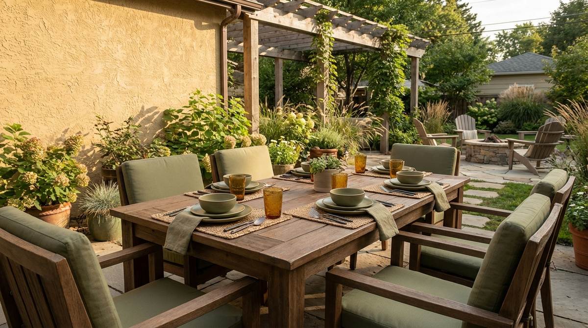 A warm dining space featuring a rustic clay brown dining table with wheat gold walls and muted olive green cushions and tableware, creating a layered earthy decor palette.