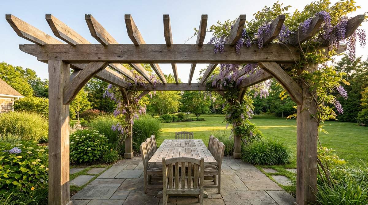 A rustic wood pergola made from rough-hewn timber beams with exposed wood grain and natural edges, providing partial shade. It features irregularly spaced cross beams and is adorned with climbing roses or wisteria for seasonal blooms, serving as a sculptural focal point in outdoor decor.
