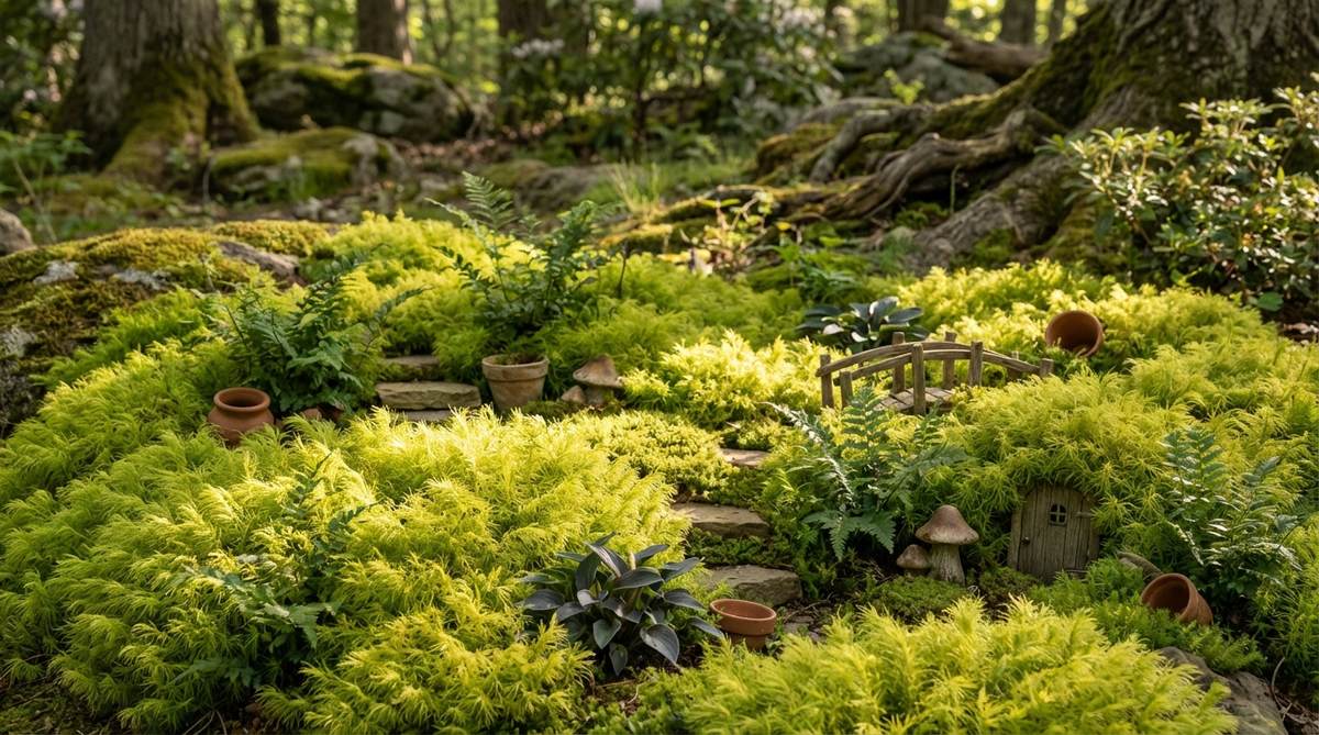 Close-up of Scotch moss in a fairy garden setting, showcasing its soft, fluffy chartreuse-gold foliage that brightens shaded areas. The feathery texture creates visual interest at ground level, serving as an excellent backdrop for darker accessories like miniature ferns and hostas in a woodland glade aesthetic.