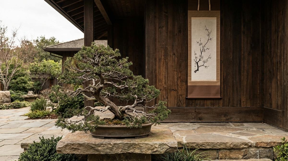 A windswept juniper bonsai paired with a vertical kakejiku scroll featuring minimal seasonal imagery, such as cherry blossoms, mounted above the bonsai platform with visual breathing space to balance the composition.