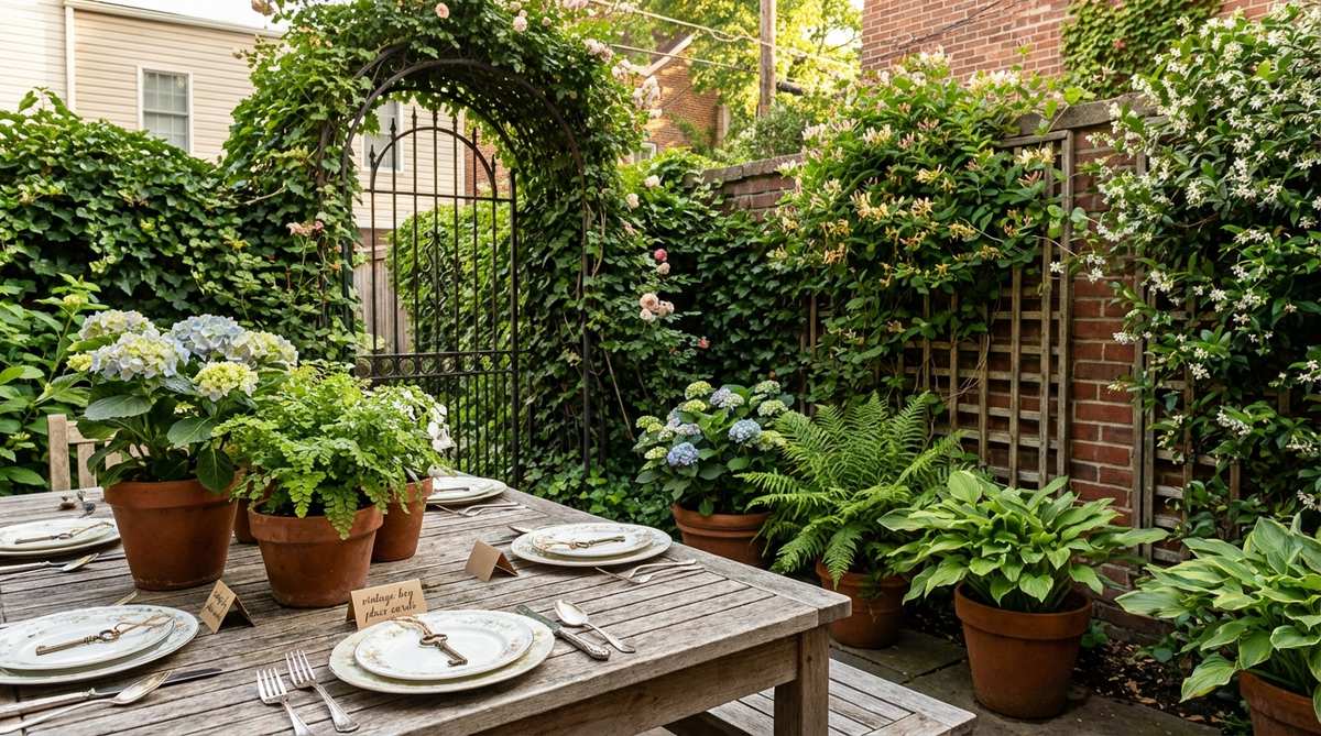 A lush mini garden party setup with potted plants creating intimate spaces, climbing vines on trellises, an arched gateway wrapped in ivy, and vintage key place cards, perfect for urban settings with botanical camouflage.