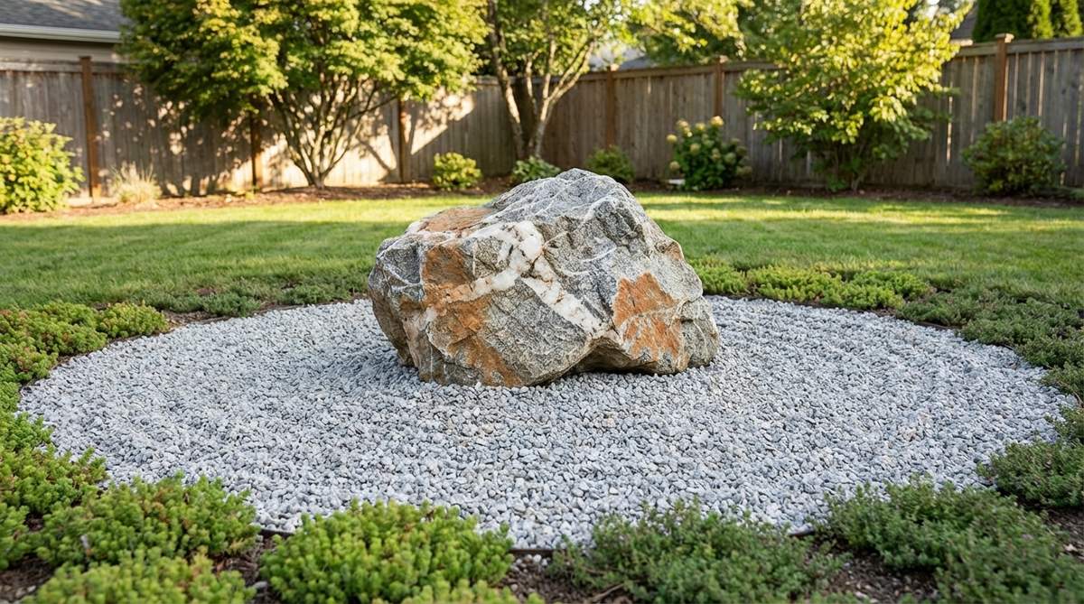 A minimalist garden design featuring a single statement boulder rising from a circular gravel bed that radiates outward like ripples on water. The boulder has distinctive coloring or unusual shape, such as granite with quartz veining or limestone with fossil inclusions, adding geological interest. Low-growing sedums or creeping thyme are planted at the perimeter where gravel meets soil. The gravel ring extends 3-5 feet from the boulder's base, using 3/4 inch crushed stone in complementary tones that contrast with the boulder's dominant color, creating proportional balance without overwhelming smaller garden spaces.