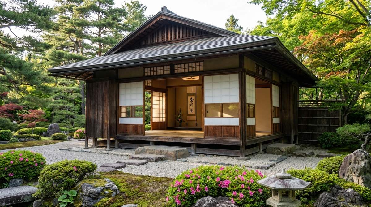 A detailed architectural illustration of a Shoin-style formal tea pavilion, showcasing sukiya-zukuri principles with decorative alcoves, sliding fusuma panels, and shoji windows filtering soft natural light. Features a tokonoma alcove for seasonal scrolls and ikebana arrangements, designed to accommodate larger gatherings while maintaining ceremonial dignity in a Japanese garden setting.