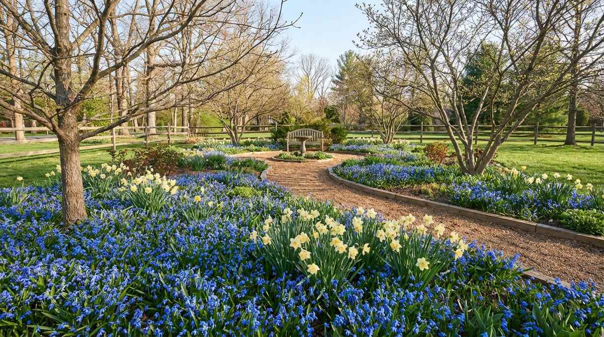 Close-up of Siberian squill's vibrant electric blue bell-shaped flowers blooming in dense masses during early spring. This low-growing bulb plant creates a stunning blue carpet beneath deciduous trees, contrasting beautifully with yellow daffodils. The image showcases the intense cobalt-blue color and naturalized growth habit of this deer-resistant, low-maintenance garden flower.