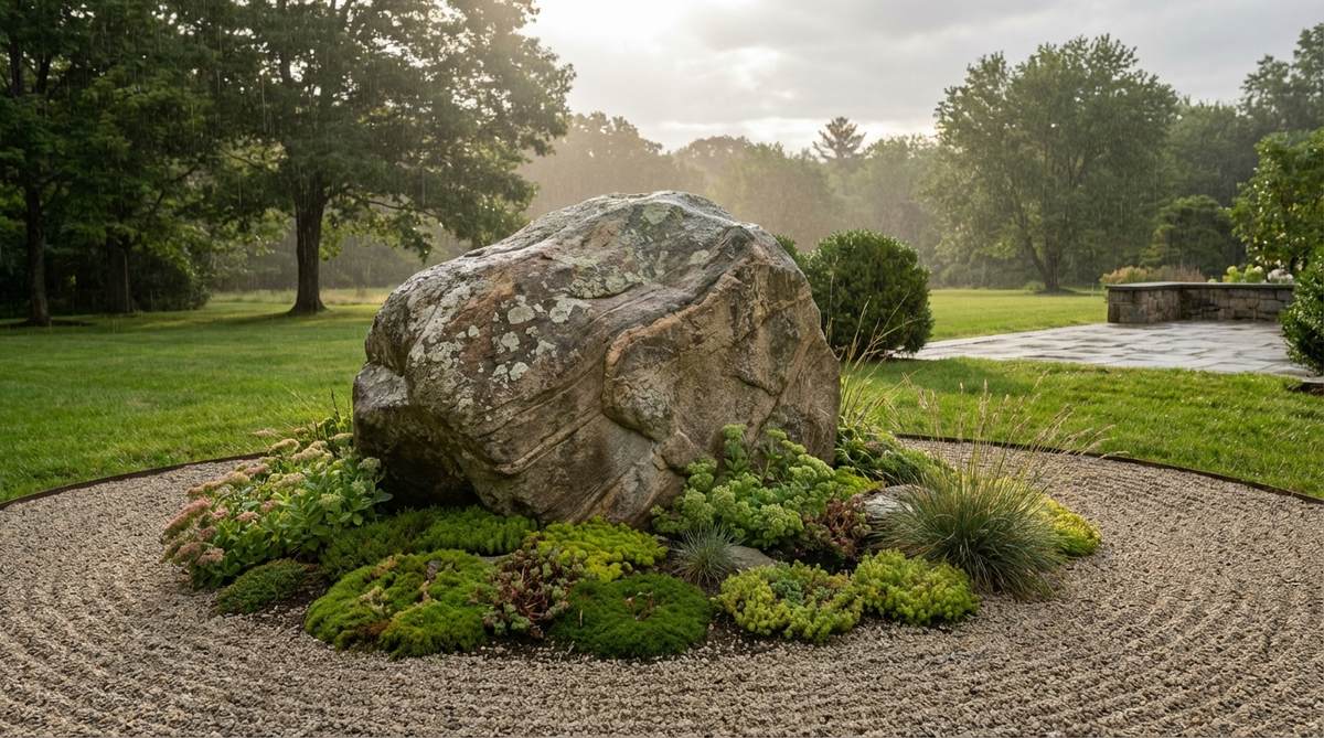 A serene garden scene featuring a single sculptural boulder set in raked gravel, catching morning light and light rain, with no competing elements around it. The stone has visible grain or lichen and is partially buried for a natural look, surrounded by low plants or moss to create a calm, gallery-like focal point that reduces visual clutter and promotes relaxation.