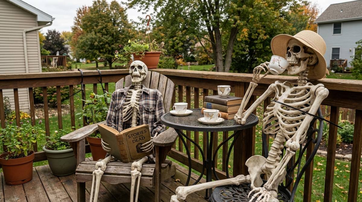 Life-sized skeleton figures arranged in domestic poses on a balcony, creating unsettling narrative scenes. One skeleton reads a book while another sips from a teacup, transforming macabre elements into darkly humorous tableaus. The display is secured with zip ties through ribcages and limbs for wind resistance, enhanced with props like vintage books and cracked teacups to tell a story throughout October.