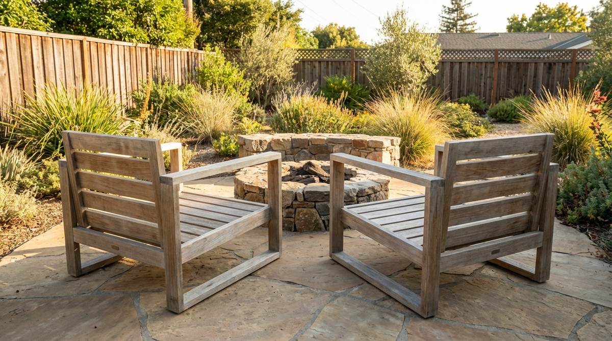 Modern minimalist teak armchairs with horizontal slats for natural drainage, featuring FSC-certified sustainable wood that develops a silver patina over time. Compact ergonomic design suitable for patios and outdoor spaces.