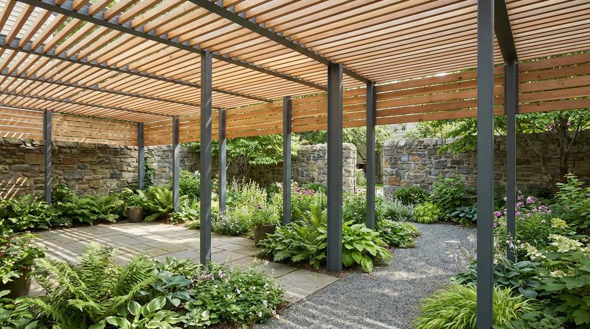 A slatted wood pergola cover with horizontal wood slats mounted on steel tubing posts, providing partial enclosure, airflow, and filtered sunlight in a small garden courtyard. The design balances shade coverage and light penetration for understory plantings, with painted posts for weather resistance and contrast against natural wood tones.
