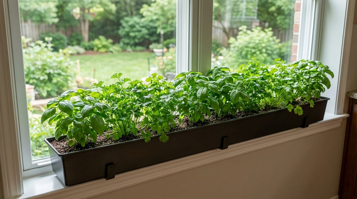 A long, narrow planter on a kitchen windowsill, filled with basil, parsley, and cilantro, creating a continuous green ribbon. The lightweight metal or resin trough has built-in brackets for secure placement, with a gritty, well-draining soil mix and herbs spaced 6–8 inches apart. This design offers an architectural, airy look that frames views and simplifies watering for home cooks.