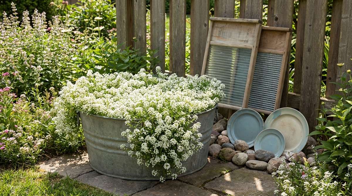 A vintage wash tub planted with white sweet alyssum flowers, evoking old-fashioned laundry day charm. The tiny clustered blooms resemble soap suds bubbling over the rim, surrounded by decorative accents like antique plates and washboards. This fast-growing annual garden attracts pollinators with honey-scented blooms and thrives in cooler temperatures.