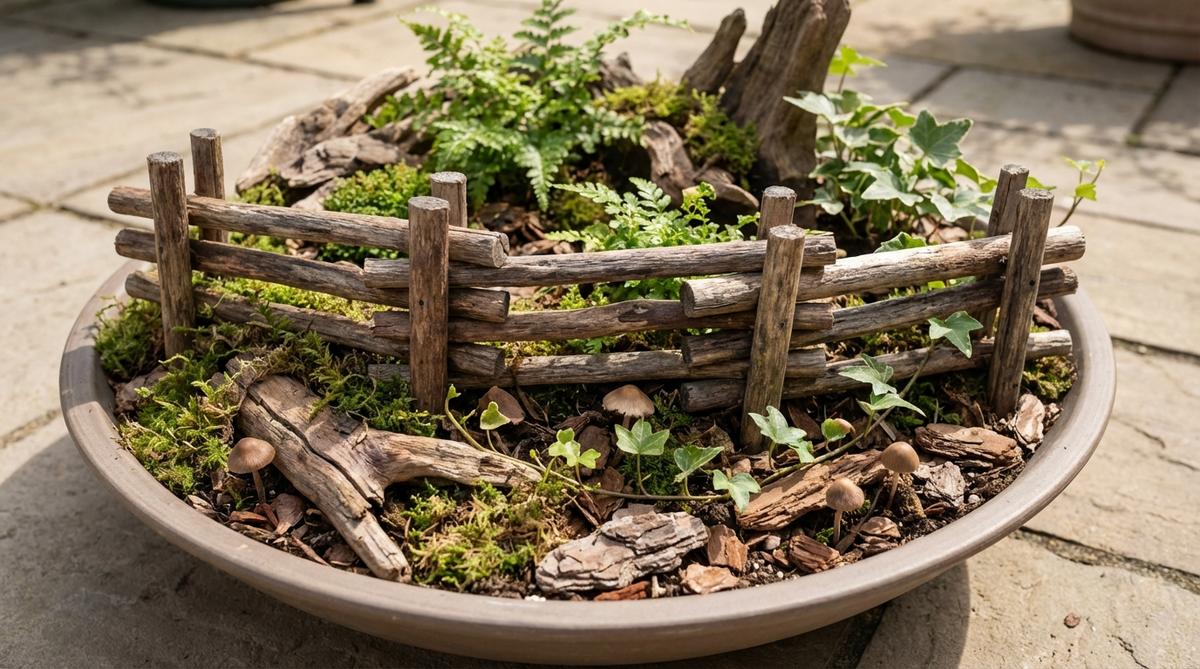 A close-up photo of split rail fence miniatures in a miniature garden or terrarium setting. The horizontal wooden logs are stacked between upright posts, creating an open rustic boundary. The fence coordinates with natural wood elements, driftwood, and bark substrates in earthy brown and weathered gray tones. Ideal for wide, shallow containers with woodland plants, mushrooms, and trailing vegetation weaving through the rails.