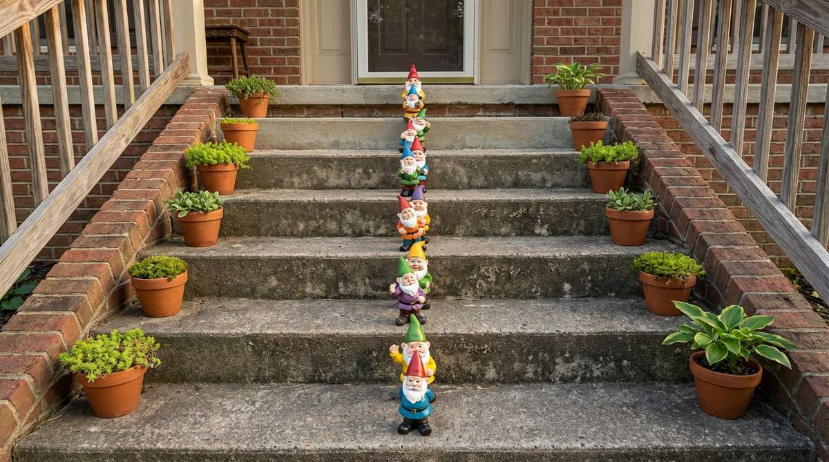 A creative mini garden gnome display featuring a playful parade of gnomes marching up outdoor stairs. Each gnome has a unique pose and hat color, creating a vertical rhythm that guides the eye upward. Small pots of low-growing plants flank the gnomes, adding greenery to the arrangement. This decorative idea is perfect for narrow stoops or front steps, where it adds energy and visual interest to otherwise plain concrete or brick surfaces. The seasonal rotation of gnomes keeps the display fresh without requiring a complete layout overhaul.