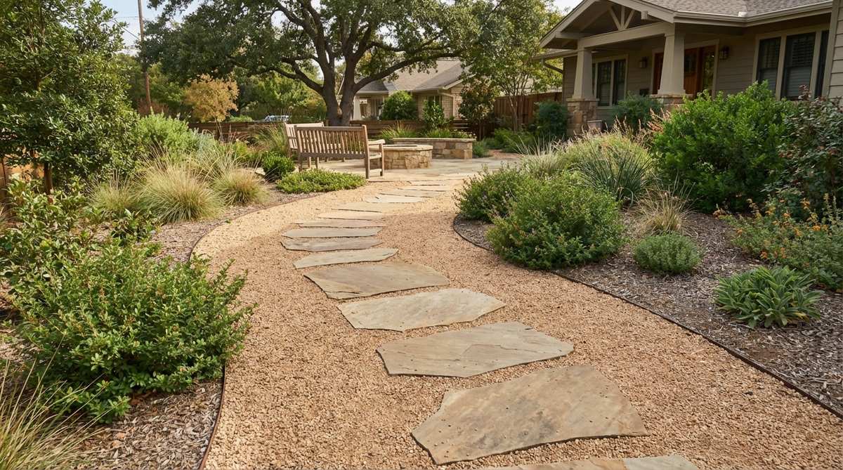 A landscape design showing large flagstones or concrete pavers embedded in pea gravel, creating a structured pathway with visual interest. The stones provide firm footing while gravel fills the gaps, demonstrating a cost-effective alternative to solid paving with proper spacing for comfortable stride and flush transitions to prevent tripping hazards.
