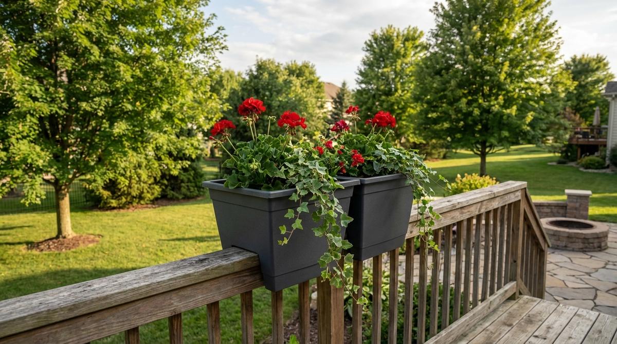 A dual-chamber straddle-design planter sitting astride a standard balcony railing, showcasing stable weight distribution without screws, ideal for seasonal changes and symmetrical planting displays.