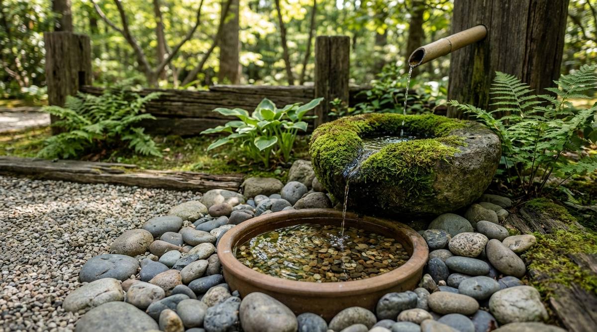A close-up view of a suikinkutsu, an underground water harp feature in a Zen garden. The image shows water droplets falling through a small hole into an inverted ceramic pot buried beneath a drainage basin, creating bell-like tones. The setup includes a gravel base and the hidden chamber that produces reverberating sounds, with subtle garden elements in the background to illustrate its placement in a quiet corner.