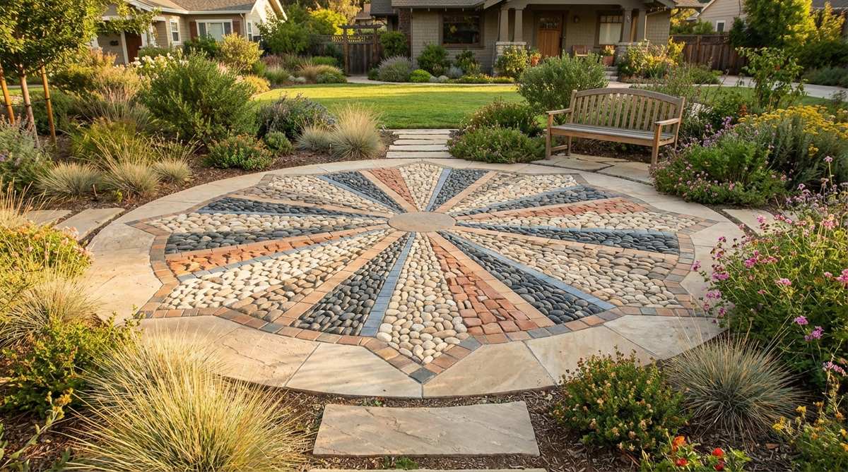 A stone garden mosaic featuring a sunburst medallion design, created with flat river stones and colored tiles arranged in radiating layers. This bold solar motif, perfect for pathway entrances or circular patios, showcases a round center stone surrounded by wedge-shaped sections that expand outward like sun rays. Contrasting stone colors define each ray, alternating light and dark tones for maximum visual impact, with careful stone selection to maintain clean lines. Ideal for positioning at decision points in garden paths or as a welcoming feature near entryways, its radial energy creates natural gathering spaces in landscape designs.