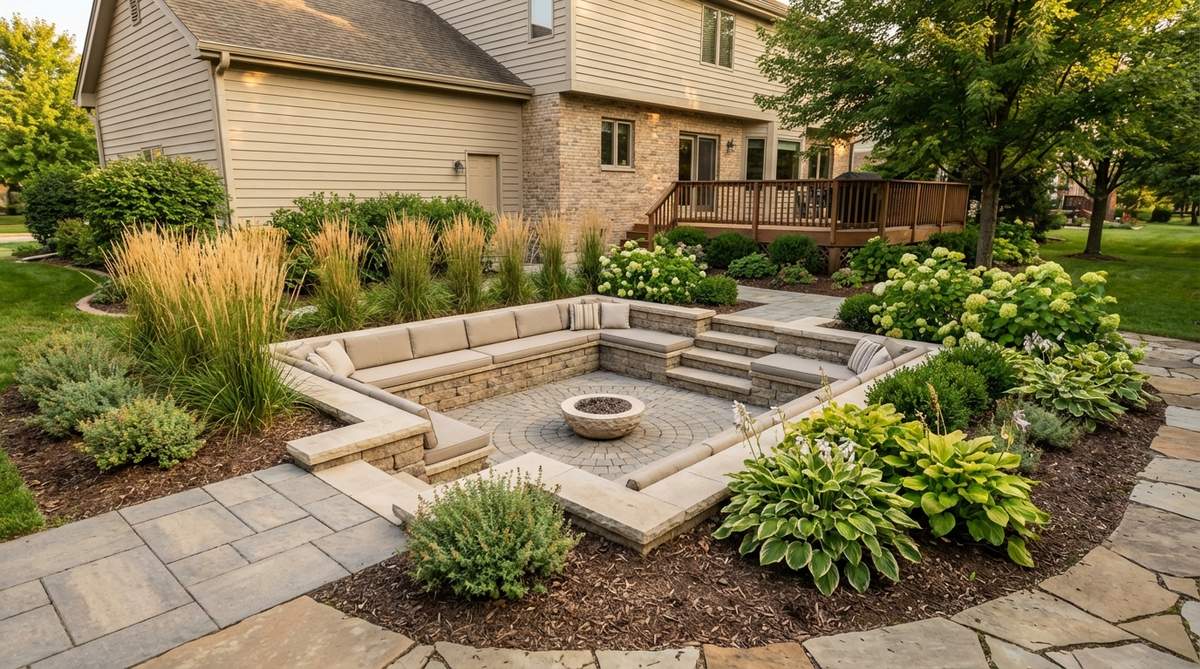 A sunken conversation pit in a small garden backyard, featuring a recessed seating area with built-in bench seating, fire-resistant flooring, and surrounding raised planting beds that create architectural interest and intimate gathering zones.
