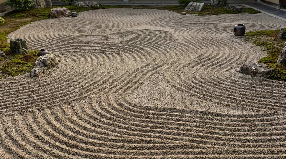 A close-up view of a zen garden sand pattern featuring continuous, rippling waves known as Sazanamimon, mimicking ocean swells or river currents. The undulating lines range from gentle curves to dramatic crests, created by raking in smooth wave motions to suggest different water conditions like energetic streams or peaceful lakes, ideal for rectangular gardens.