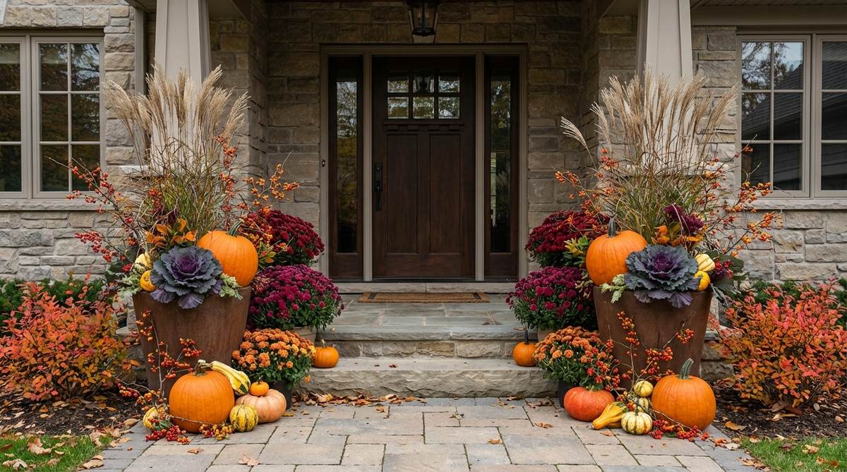 A symmetrical arrangement of autumn decor flanking a front door, featuring matching containers with large pumpkins, ornamental kale, burgundy mums, and vertical ornamental grasses, layered with smaller gourds and branches of bittersweet or burning bush foliage for a formal yet warm seasonal display.