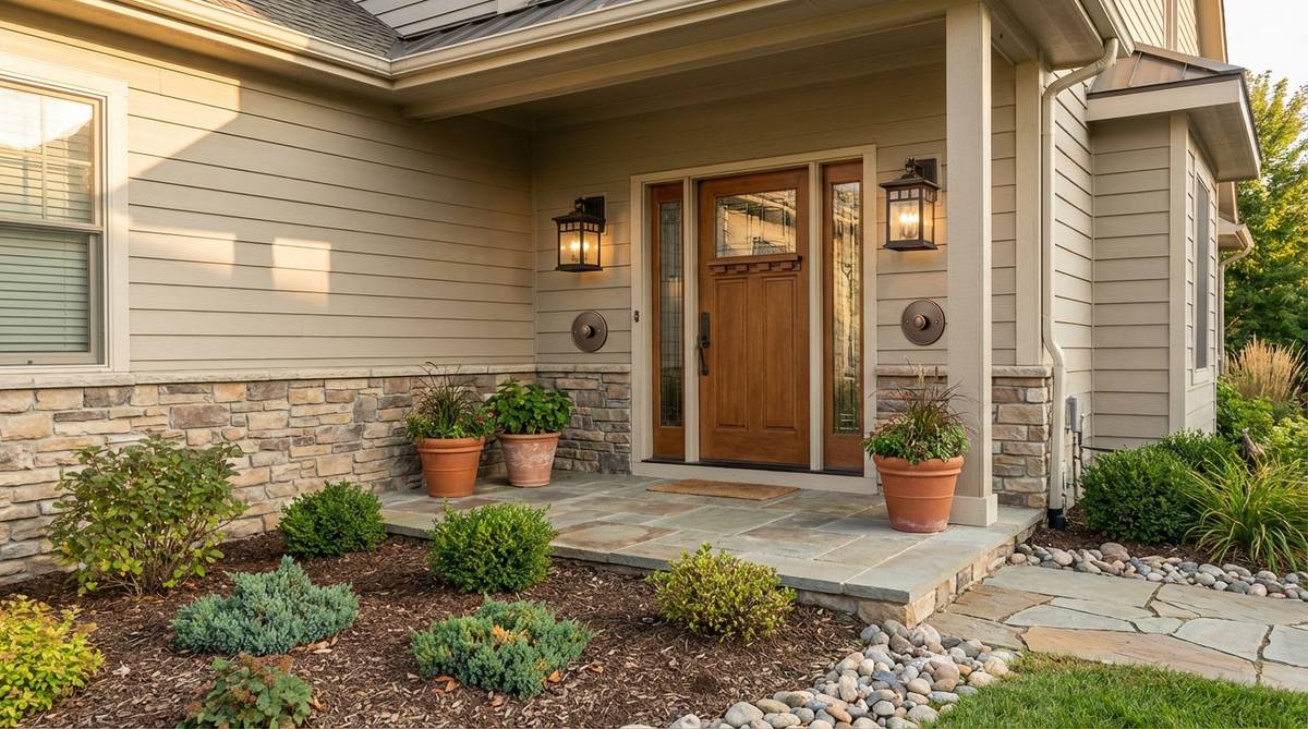 Two matching wall sconces flanking a front door, positioned at eye level for balanced outdoor lighting. The fixtures complement the home's architectural style, with dimmer controls for adjustable brightness on a porch.