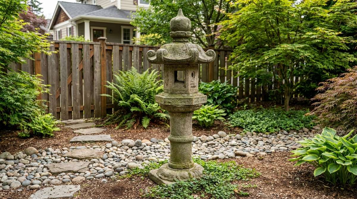 A detailed image of the Taima Temple Classical Form, Japan's oldest extant stone lantern style from the Nara period, featuring six stacked components, a jewel finial, hexagonal roof, and robust pedestal base, exemplifying balanced proportions and traditional craftsmanship for garden entrances or meditation spaces.