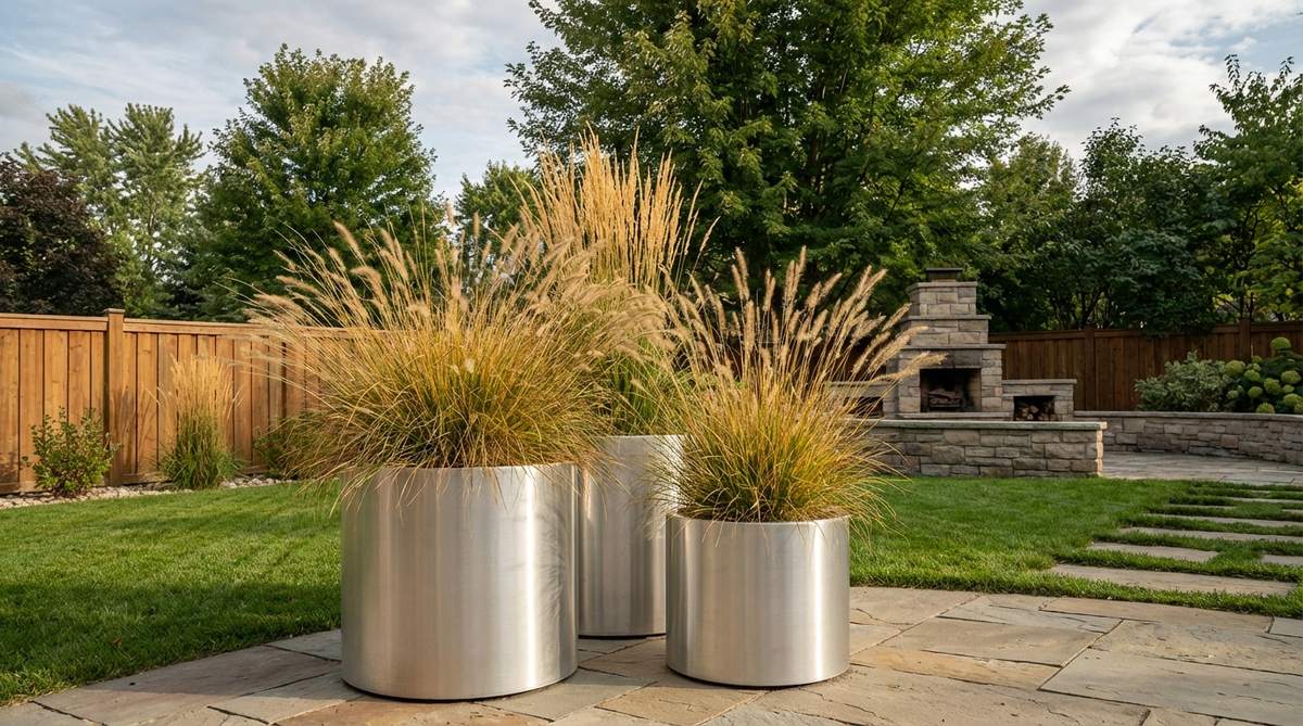 Tall brushed aluminum cylinder planters filled with ornamental grasses like fountain grass or maiden grass, creating vertical emphasis and movement in outdoor decor.