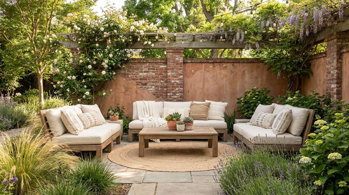 A terracotta accent wall showcasing earthy warmth and rustic character in a bohemian living space, balanced with cream textiles and natural wood furniture.