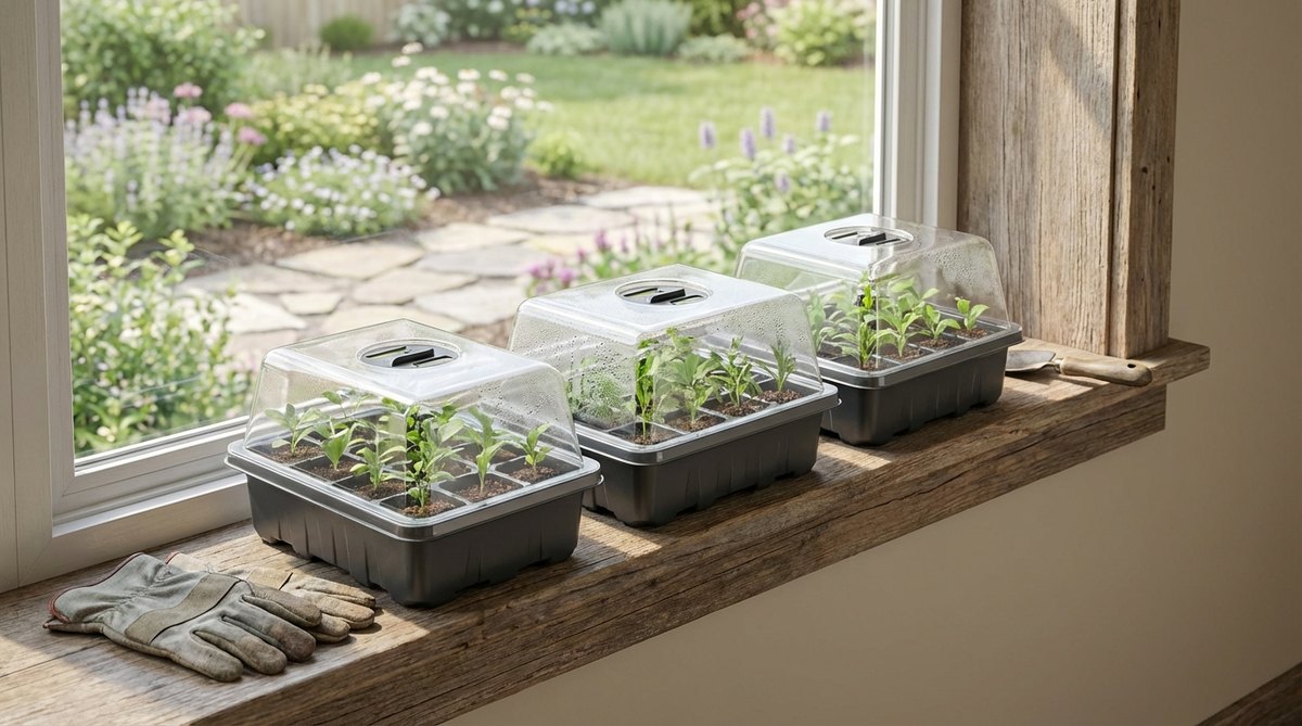 A set of three durable windowsill trays with humidity domes for mini greenhouse gardening. Each tray measures 10x4 inches with adjustable top vents for airflow control, perfect for succession planting seedlings along south-facing windows.