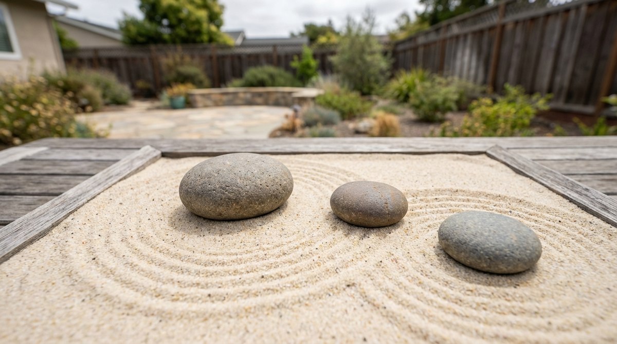 Three smooth river stones arranged asymmetrically in sand, representing the Buddhist Three Jewels (Buddha, Dharma, Sangha) in a miniature zen garden. The stones range from 1-3 inches in diameter and can be configured in triangular, linear, or scattered placements for meditation practice.